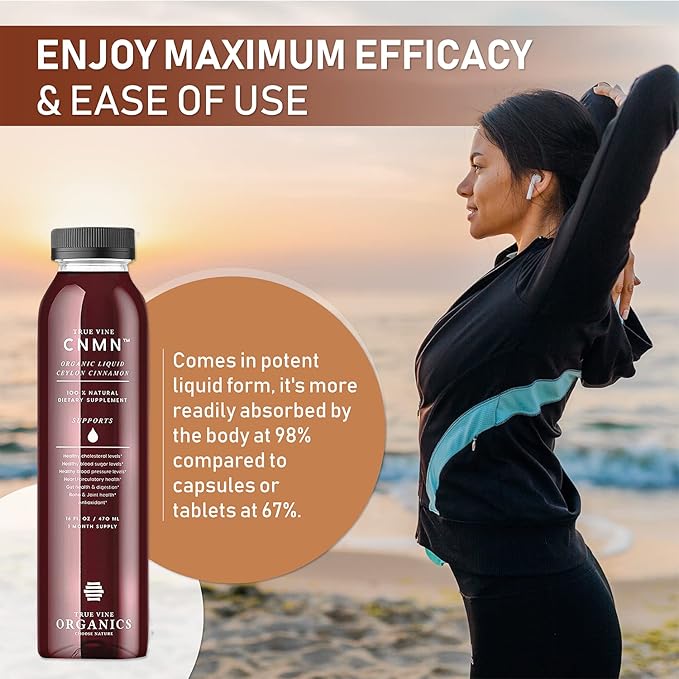 True Vine 3200mg Liquid Ceylon Cinnamon Supplement (Made in USA) for Healthy Heart Blood Pressure Sugar Cholesterol Gut &amp Joints — 100% Organic Ceylon Cinnamon to Fight Free Radicals (16 fl oz