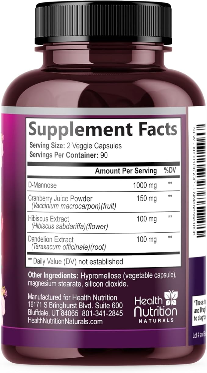 D-Mannose Supplement - 1000mg D Mannose Per Serving with Cranberry Hibiscus &amp Dandelion - Fast-Acting Natural Urinary &amp Bladder Support for Women &amp Men – Flush &amp Cleanse Impurities