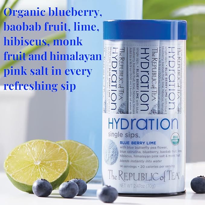 The Republic of Tea Hydration Blue Berry Lime Single Sips 50 Count