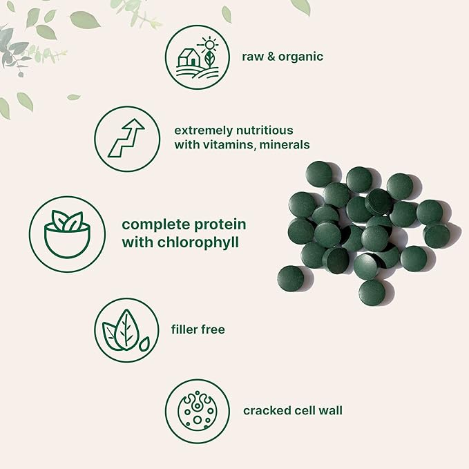 Organic Chlorella Tablets 500mg Per Tablet 720 Tabs (360 Grams) 4 Months Supply Broken Cell Wall Rich in Vegan Protein &amp Vitamins No Filler No Additives &amp Non-GMO | Pure Green Algae Sup
