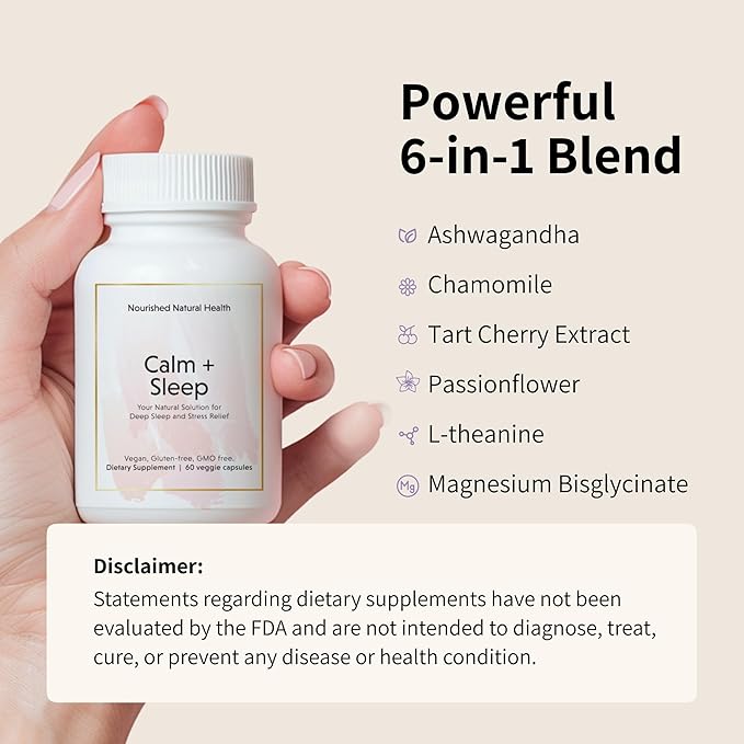 Nourished Natural Health Calm + Sleep – Relaxation &amp Melatonin-Free Sleep Supplement for Women Cortisol Support with Ashwagandha L-Theanine Magnesium &amp Valerian Root – Vegan &amp Non-GMO1