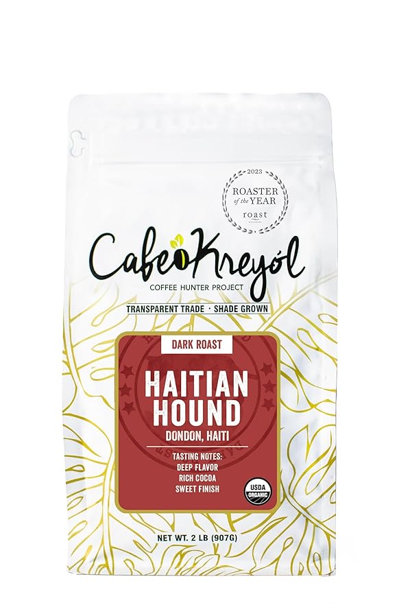 Cafe Kreyol Organic Haitian Hound | 2 lb - Haitian Blue Dark Roast Coffee - Whole Bean Coffee is Smooth Low Acid and Bold Deep Notes of Chocolate with a Sweet Finish