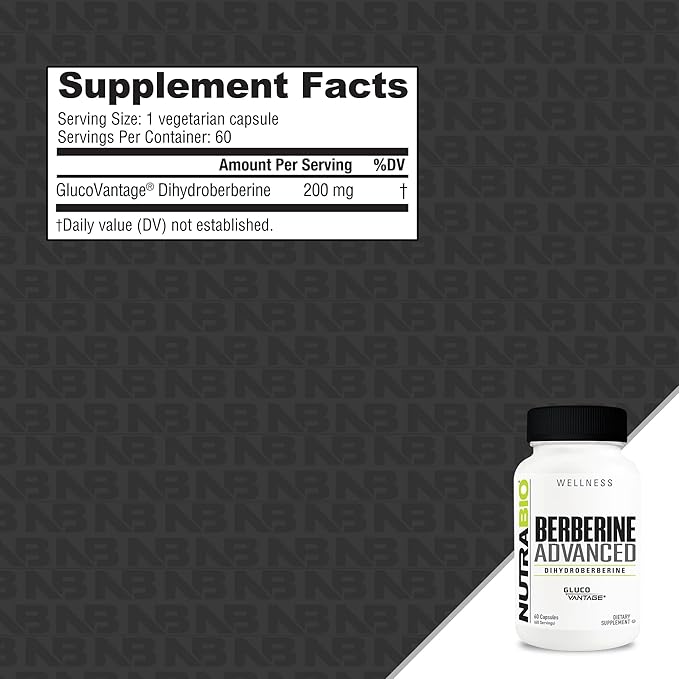 NutraBio Berberine Advanced Supplement (Dihydroberberine) 200 mg - Provides Advanced Absorption Carbohydrate Tolerance Support 60 Caps