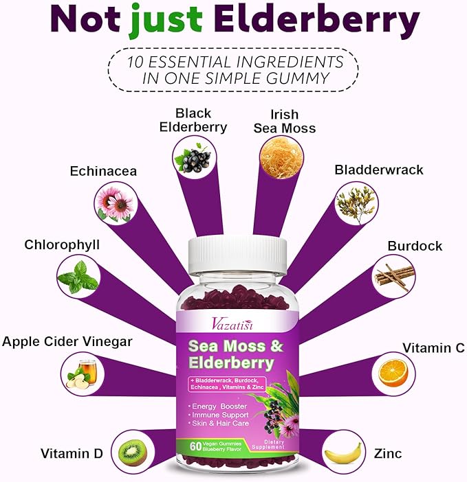 2 Pack Elderberry Gummies with Sea Moss Extra Strength Elderberry with Vitamin C Zinc for Immune Support for Adults Kids Women &amp Men Blueberry Flavor 120Cts