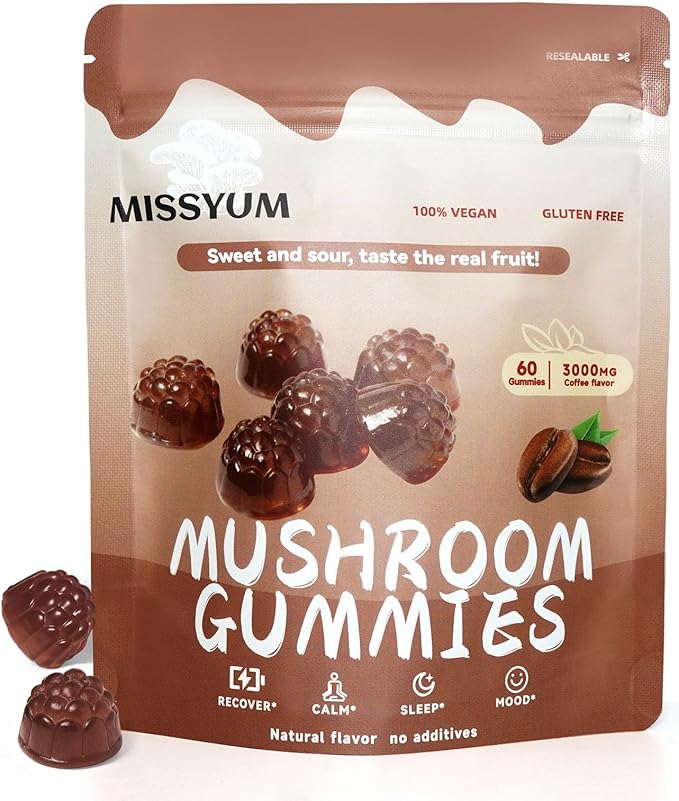 Mushroom Gummies 10-in-1 Adaptogenic Blend Vegan Coffee Flavor 60 Count | with Lion's Mane Reishi Chaga Shiitake &amp More