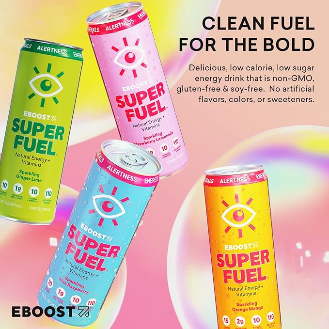 EBOOST Super Fuel Healthy Energy Drink - Caffeine from Natural &amp Clean Ingredients For Focus and Productivity -Taurine Free Pre-Workout With Electrolytes Nootropic &amp Vitamins - Variety Pack