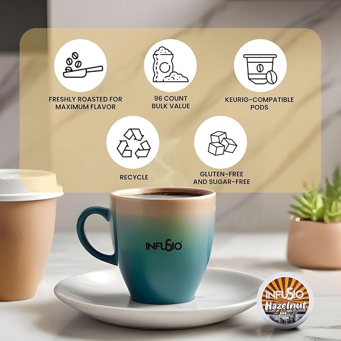 InfuSio Hazelnut Coffee Pods Single Serve Coffee Pods for Keurig K Cups Brewers - Premium Roasted 96 Count