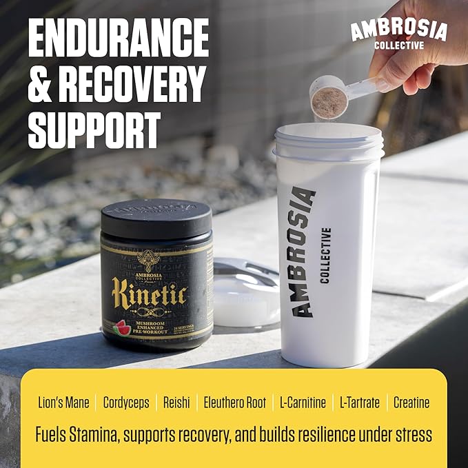 Ambrosia Kinetic - Organic Pre Workout Powder with Creatine | Natural Mushroom Pre Workout | Nootropic Pre for Clean Energy &amp Focus | 24 Servings | Strawberry Guava