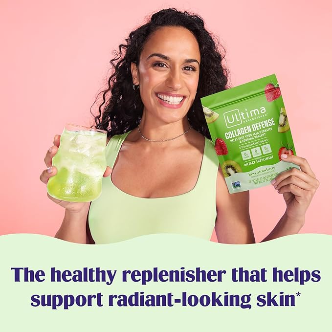 Ultima Replenisher Collagen Defense Supplement and Electrolytes Powder - Kiwi Strawberry 13 Stickpacks - Hydration Packets with Dermaval and Biotin that Keep Your Skin Hydrated and Looking Radiant