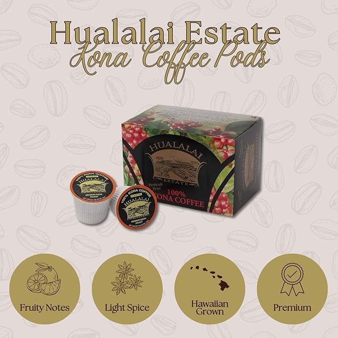 Hualalai Estate 100% Pure Kona Coffee Pods - Medium Dark Roasted Hawaiian Grown K-Cups - Pesticide-Free Gourmet Grade Premium Kcups (6 Pack 12 Cups)