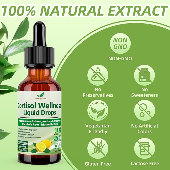Cortisol Supplement Liquid Drops 17-in-1 Cortisol Detox w. Magnesium Glycinate 400mg Ashwagandha L-Theanine Phosphatidylserine Hormone Balanced for Women Mood Focus Sleep Support