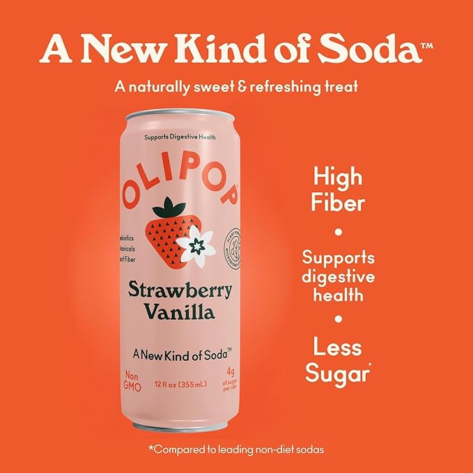 OLIPOP Prebiotic Soda Pop Strawberry Vanilla Pantry Pack Packed with Prebiotics Fiber and Botanicals Gluten Free GMO Free 12oz Skinny (12-Cans)