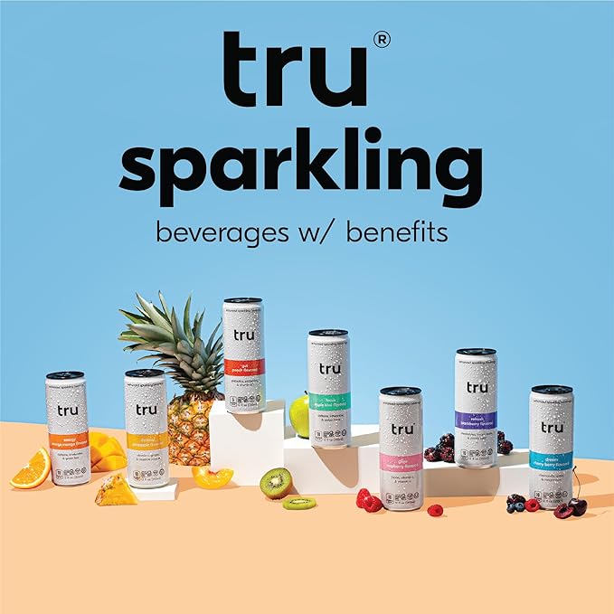 Tru Gut Seltzer Sparkling Water with Prebiotics Probiotics &amp Vitamin B3 Peach Juice &amp Natural Flavor Lightly Carbonated Gluten Free Vegan Caffeine Free Low Calorie 12 FL OZ Cans 12 P
