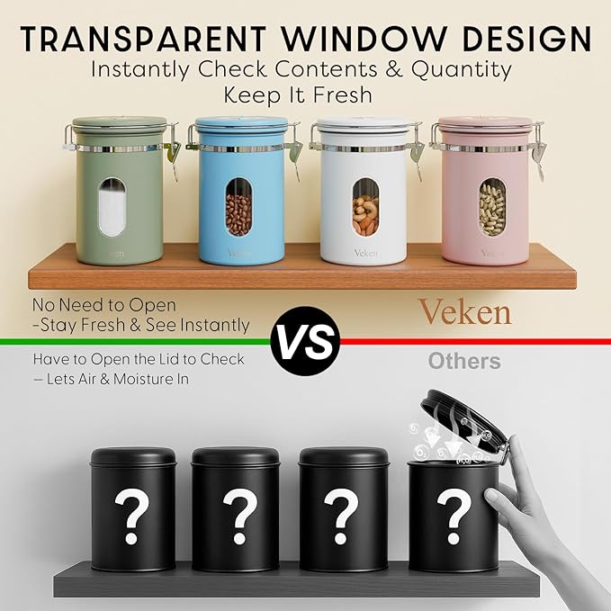 Veken Coffee Canister with Window Easter Gifts Airtight Stainless Steel Container with Lids Home Kitchen Food Storage Jars for Grounds Beans Tea Flour Cereal Sugar Basket Scoop 22OZ Pink