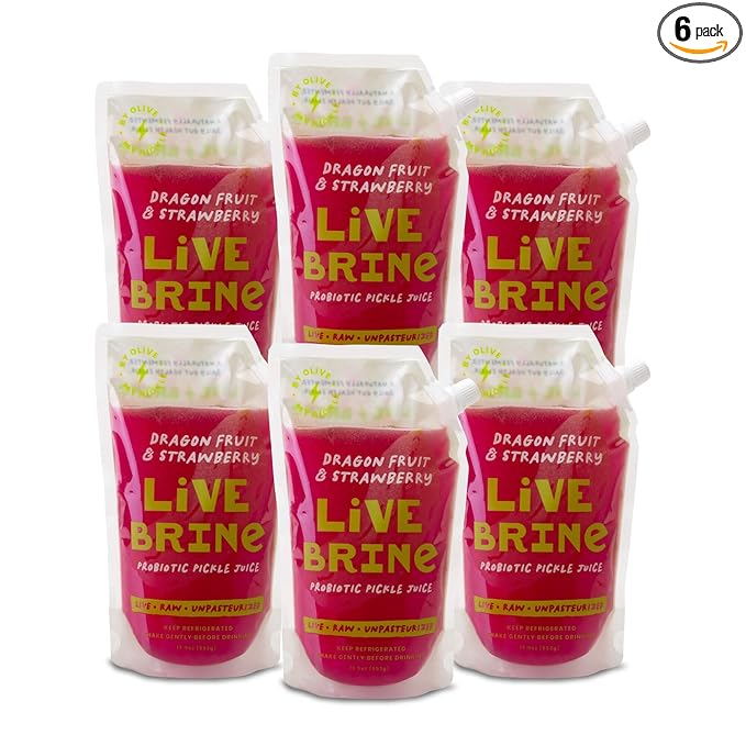 Olive My Pickle Probiotic Pickle Juice - 117 Ounces | 6 Pack of LiveBrine Dragon Fruit &amp Strawberry Pickle Juice with Natural Probiotics and Digestive Enzymes for Gut Health - 78 Pickle Shots