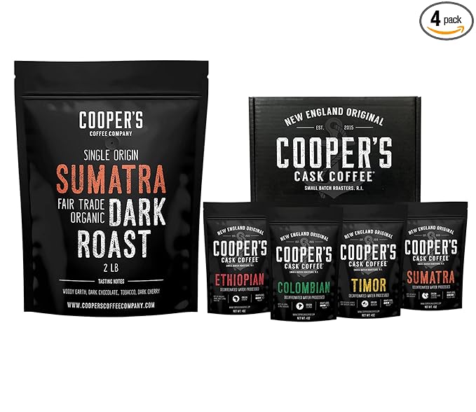 Decaffeinated Gourmet Coffee Sampler Gift Box Set - Whole Beans - 4-Pack - 4oz and Organic Dark Roast Sumatra - Whole Bean Coffee - 2lb
