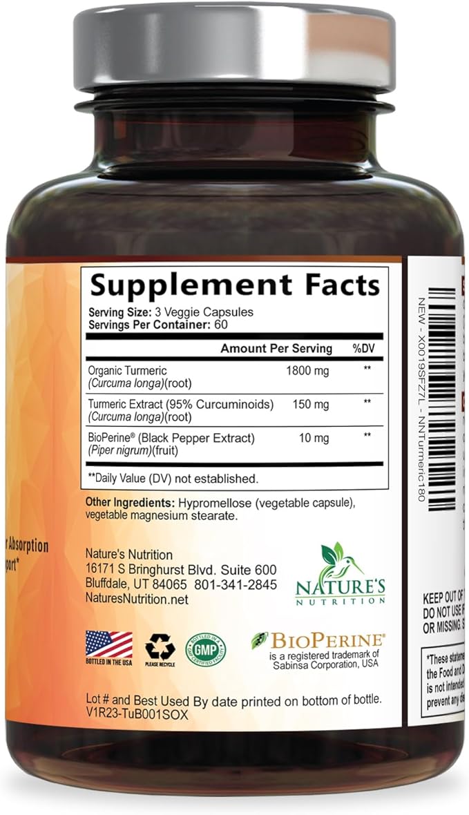 Turmeric Curcumin Supplement 95% Curcuminoids - 1800mg Organic Turmeric Per Serving - BioPerine Black Pepper Extract for Best Absorption Natural Joint Support Non-GMO Bottled in USA - 180 Capsules