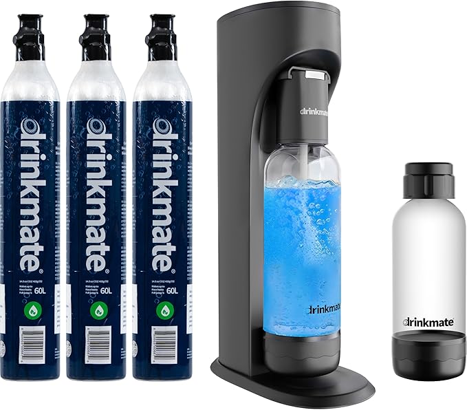 Drinkmate OmniFizz Sparkling Water and Soda Maker Carbonates Any Drink ULTIMATE BUNDLE - Includes three 60L CO2 Cylinders Two Carbonation Bottles and Fizz Infuser (Matte Black)