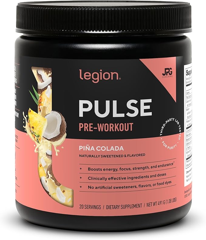 LEGION Pulse Pre Workout - All Natural Nitric Oxide Preworkout Drink to Boost Energy Creatine Free Naturally Sweetened Beta Alanine Citrulline Alpha GPC (Pina Colada)
