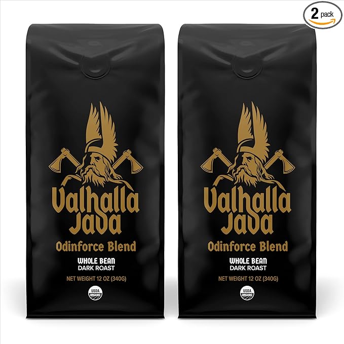 Death Wish Coffee Valhalla Java Odinforce Blend - Whole Bean Dark Roast - Extra Kick of Caffeine - Arabica &amp Robusta Beans - 12 Ounce (Pack of 2)