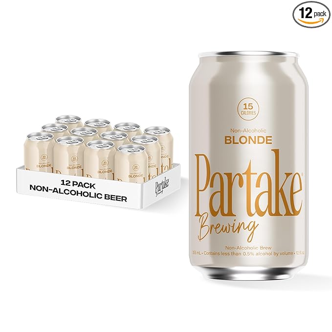 Partake Brewing Craft Non Alcoholic Beer Blonde 12 Pack x 12 Fl Oz Cans - Low Calorie &amp Carb No Sugar All Natural Ingredients - Award-Winning Taste Non Alcoholic Beer Without the Empty Calorie