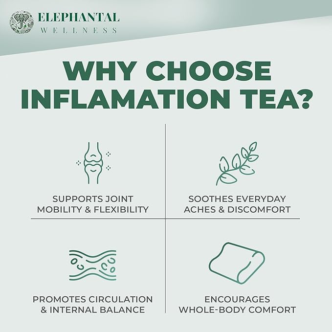 Elephantal Wellness Premium Inflammation Herbal Tea | Comfort &amp Mobility Blend with Turmeric Boswellia White Willow Bark &amp Ginger | Handmade Non-GMO Caffeine-Free Loose Leaf 2oz 20 Servi