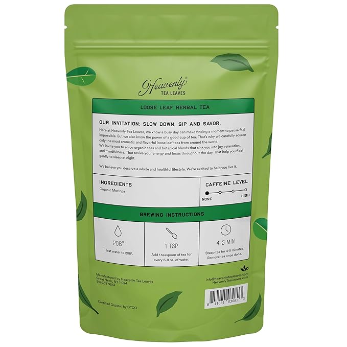 Heavenly Tea Leaves Organic Moringa Bulk Loose Leaf Herbal Tea 1 Lb. (Approx. 200 Servings) - Green Superfood Nutrient Dense Plant Protein Rich in Antioxidants and Immune Vitamin