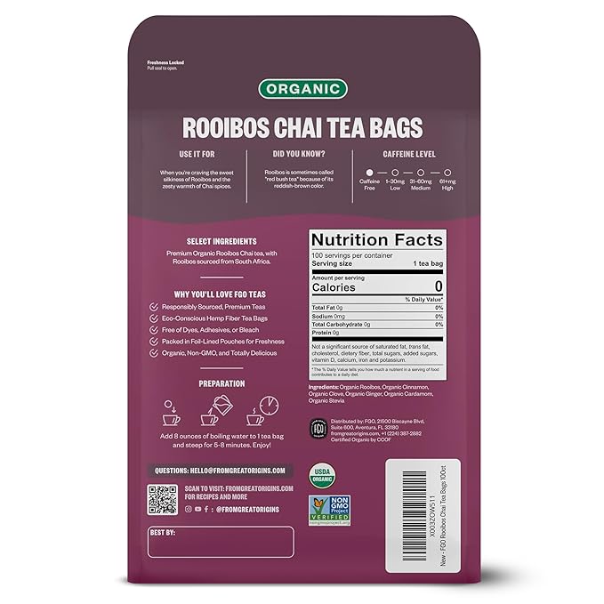 FGO Organic Rooibos Chai Tea 100 Count Eco-Conscious Tea Bags Resealable Bag Packaging May Vary (Pack of 1)