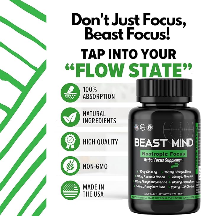 Beast Mind Focus Clarity Nootropic Blend | Ginkgo Biloba | Huperzine A | Rhodiola | Citicoline | L-Theanine | Enhanced Focus &amp Clarity &amp Cognitive Function Labs