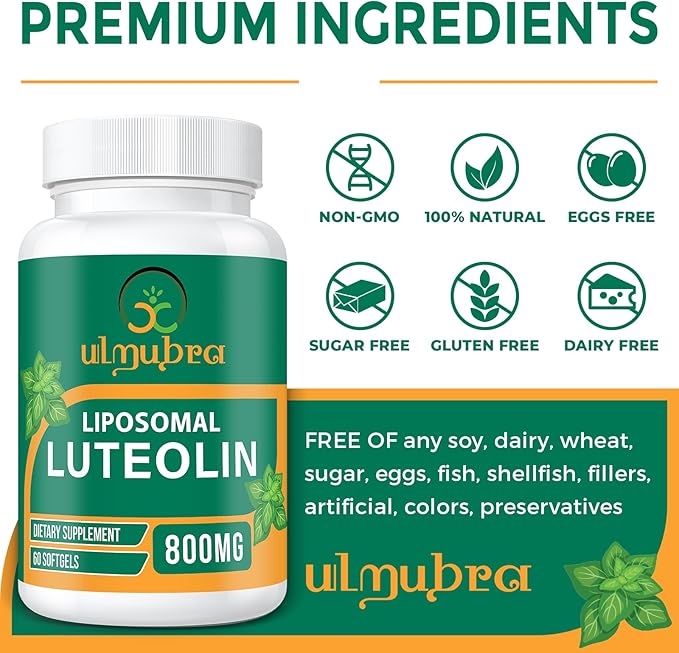 800 MG Liposomal Luteolin Supplement - Maximum Absorption Premium Antioxidant Supplement for Brain &amp Overall Well-Being 60 Softgels - 30-Day Supply