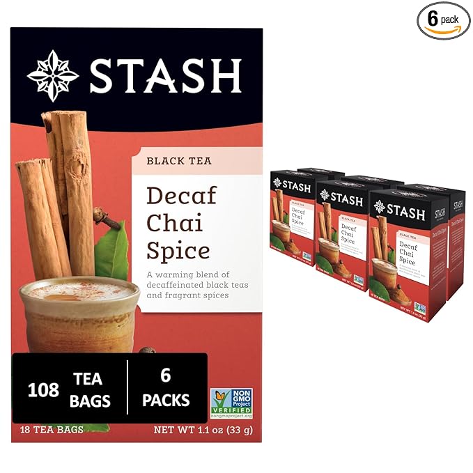 Stash Tea Decaf Chai Spice Black Tea - Decaf Non-GMO Project Verified Premium Tea with No Artificial Ingredients 18 Count (Pack of 6) - 108 Bags Total