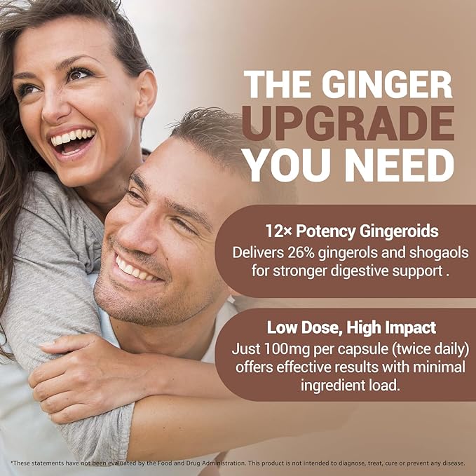 Pure Ginger Root Capsules Enh-12x: Ultra Potent 26% Gingeroids Extract Vegan Ginger Supplements for Nausea Bloating &amp Menstrual Cramps Natural No Fillers Non-GMO (30 Days)
