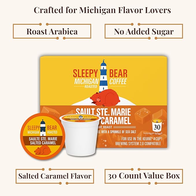 Sleepy Bear Coffee Pods Medium Roast Arabica Rich Flavor Michigan-Made Smooth &amp Sweet No Sugar Added 30ct Pods Compatible with Single-Serve Brewers (Sault Ste Marie Salted Caramel)