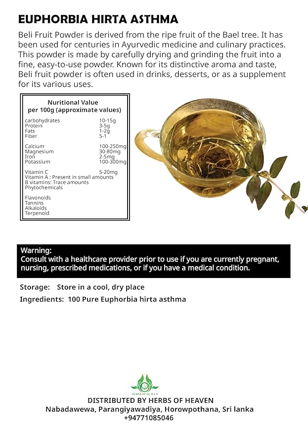 100g Euphorbia Hirta Asthma Plant Cut And Shifted - 100% Pure Natural Tea - Pure &amp Natural Asthma Plant Cultivated From Sri Lanka And Gluten Free- 100% Pure Premium Quality for Brewing Herbal Te