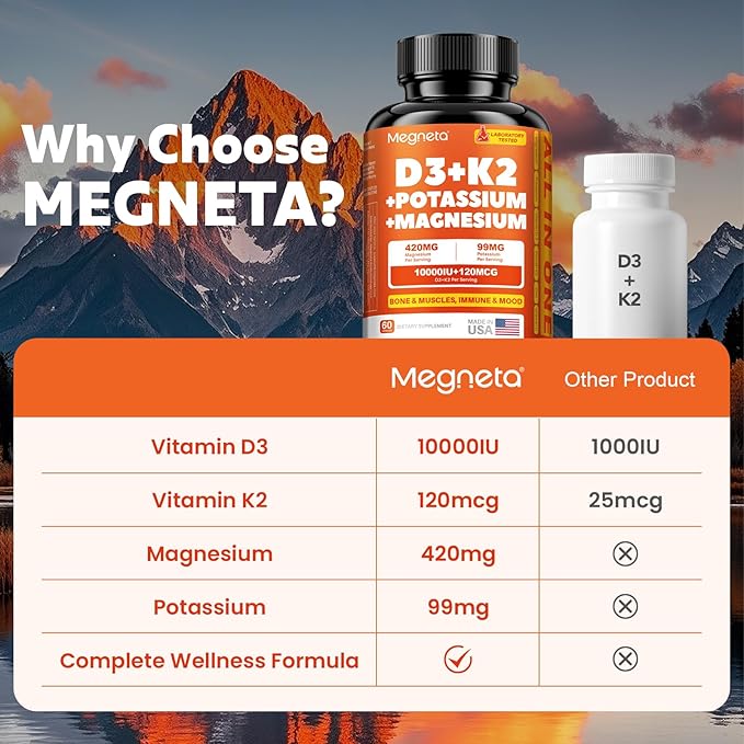 Vitamin D3 K2 10000 IU with Magnesium &amp Potassium – Supports Calcium Balance Muscle Function &amp Immune Health – Vegan High Absorption – 60 Capsules