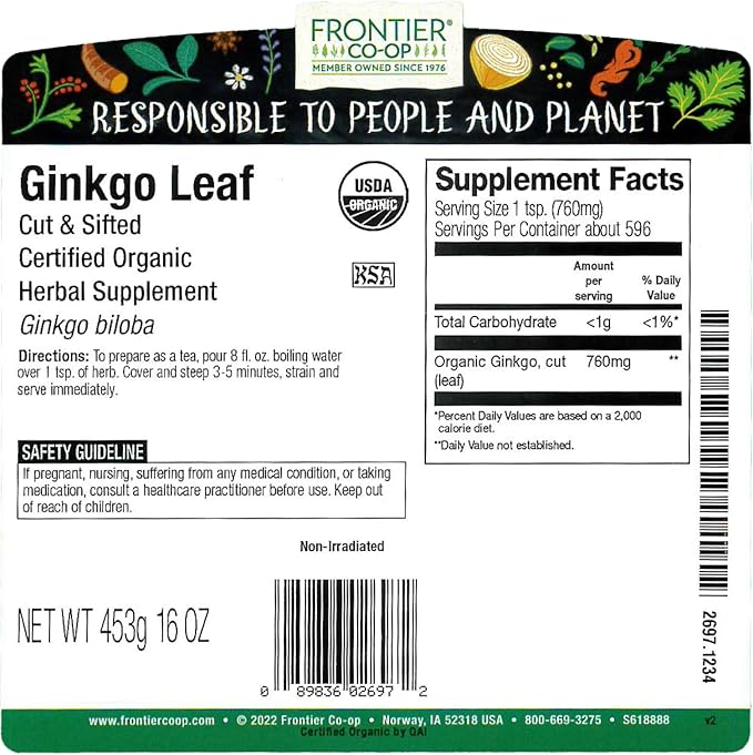 Frontier Co-op Organic Ginkgo Leaf 1lb Bulk Bag Cut and Sifted | Dried Ginkgo Biloba Leaf | Ideal for Tea and Herbal Uses Kosher