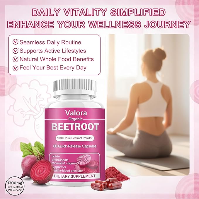 Valora Beetroot Powder Organic Beet Root Powder 1300mg Beet Root Powder Natural &amp Vegan Supplement 60 Capsules 30-Day Supply (60 Count (Pack of 1))