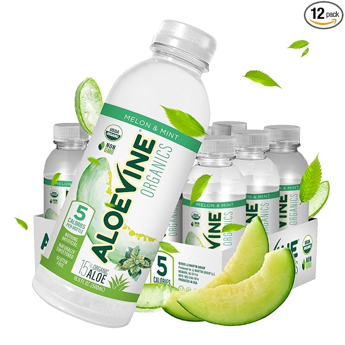 Aloevine Organics No-Pulp Organic Aloe Vera Drink Healthy with Aloe Powder Lemon Juice 5 Calories Low Sugar No Artificial Ingredients 16.9 oz 12 Pack Melon Mint