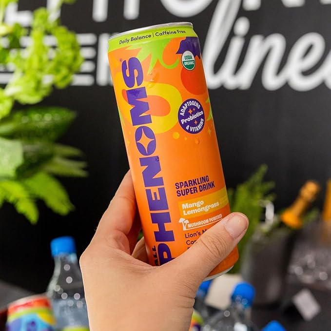 All Phenoms Daily Balance Sparkling Organic Prebiotic &amp Probiotic Drink - Adaptogen Mushroom Blend (500mg of Lions Mane &amp Reishi) Vit C Zinc (Non-Caffeinated No Stevia) - Mango Lemongrass