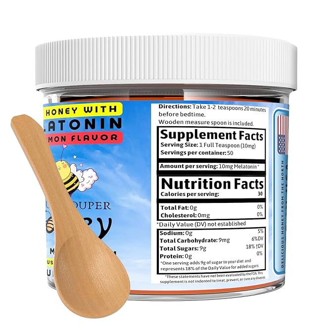 SUPER DUPER HONEY Calming Honey with 10mg Melatonin per Serving - Sweet Dreams &amp Tranquil Sleep - Pure Raw Unfiltered &amp Natural Formulation - Cinnamon Flavor - Made in USA - 1 Pound Jar