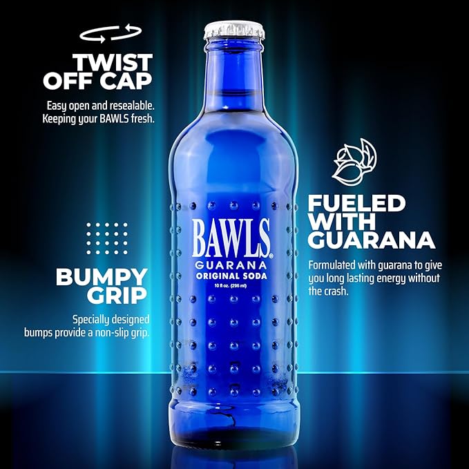 BAWLS Guarana Original - Guarana Fueled Soda for Energy High Energy Caffeinated Drink 10oz 24 Pack Glass Bottles