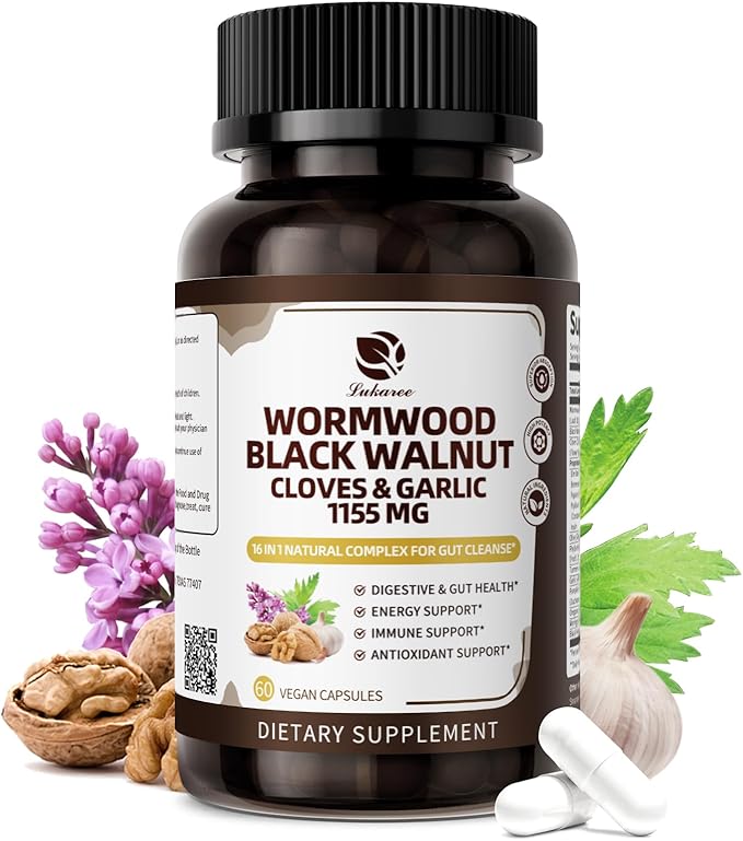 Lukaree 16-in-1 Wormwood Black Walnut Clove Cleanse for Humans Capsules – Natural Gut Detox &amp Digestive Health with Pumpkin Seeds Garlic Oregano Turmeric Liposomal Tech 98% Absorption Vegan 1155