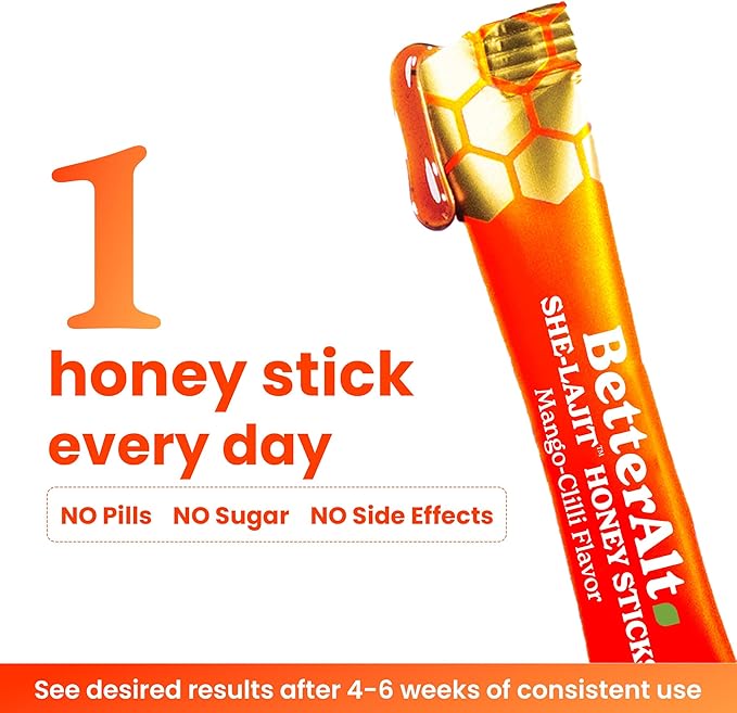 Better Alt She-Lajit Honey Sticks Mango Chilli Flavor | with Shatavari Shilajit &amp Saffron | 85+ Nutrients for Vitality &amp Stamina| 30 Sticks