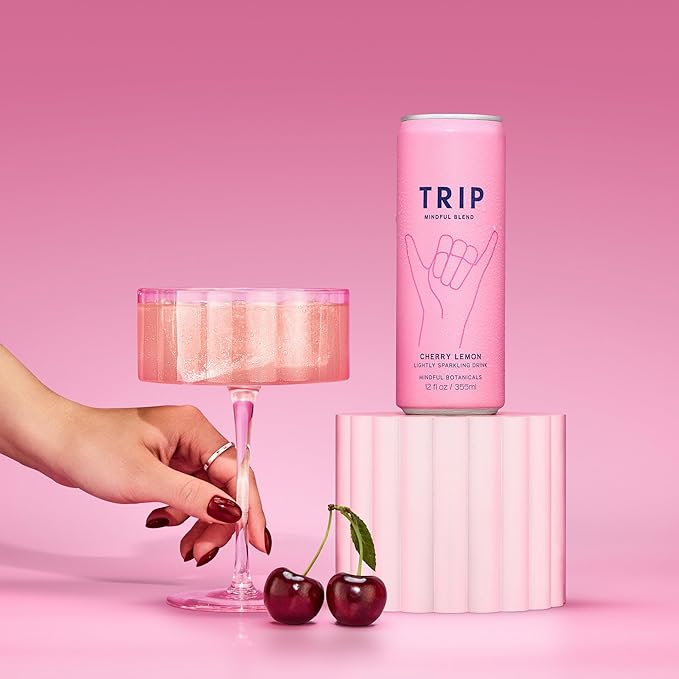 TRIP Lightly Sparkling Adaptogen Drink Non Alcoholic Drink with Magnesium Ashwagandha Lions Mane &amp L Theanine No Added Sugar Mocktail Vegan Cherry Lemon 12 Oz 12Pk