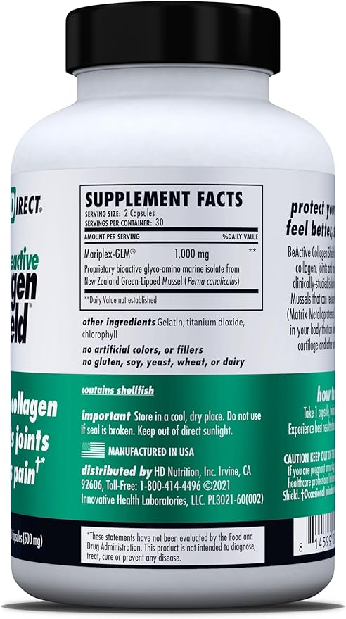 HEALTH DIRECT - BeActive Collagen Shield - 120 Capsules - Advanced Green-Lipped Mussel Supplement for Collagen Protection - Supports Skin Joints and Muscles