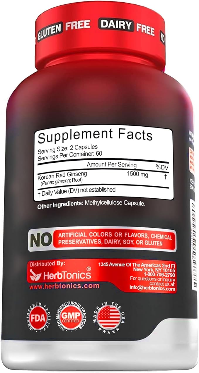 Herbtonics Korean Red Panax Ginseng 1500mg - Energy Supplement for Peak Performance Focus &amp Vitality - High Potency Ginseng Root Extract - 120 Vegan Capsules