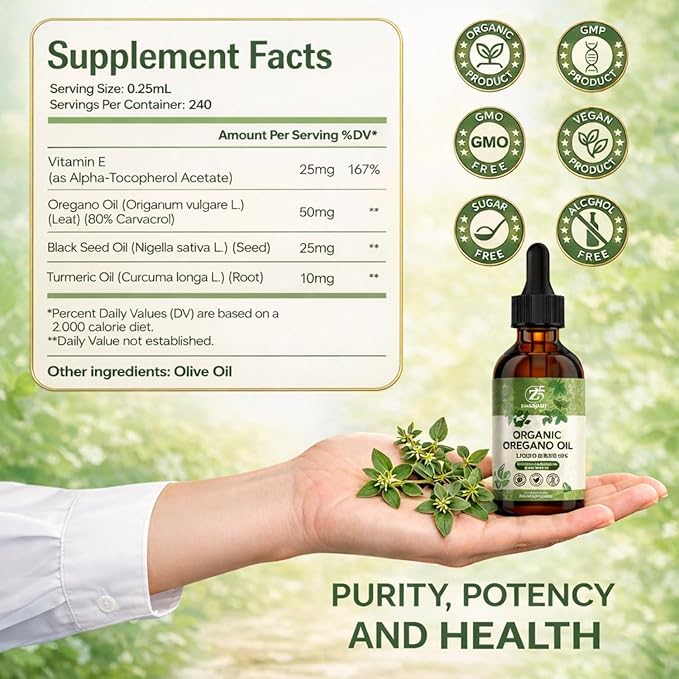 Oregano Oil Organic Drops - 80% Carvacrol Extra Strength &amp Undiluted - with Black Seed Oil Turmeric &amp Vitamin E - Oil of Oregano Supplement for Immune and Digestive Support - Vegan 2 Fl Oz