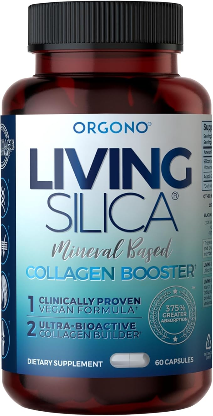 Living Silica ORGONO Mineral-Based Collagen Booster Capsules | Silica-Based | Supports Collagen &amp Elastin for Joint &amp Bone Support Glowing Skin Strong Hair &amp Nails | 60 Capsules