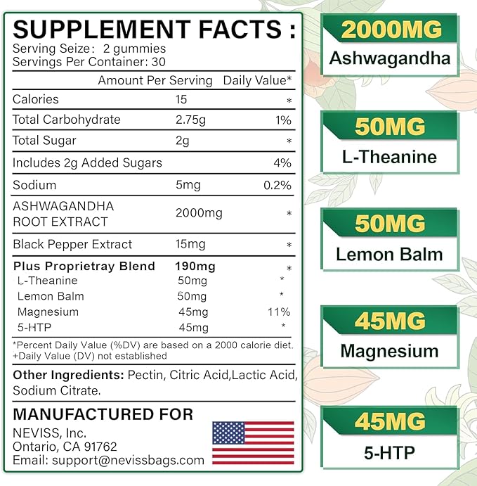 NEVISS Ashwagandha Gummies 2000mg +Sugar Free Probiotics Gummies