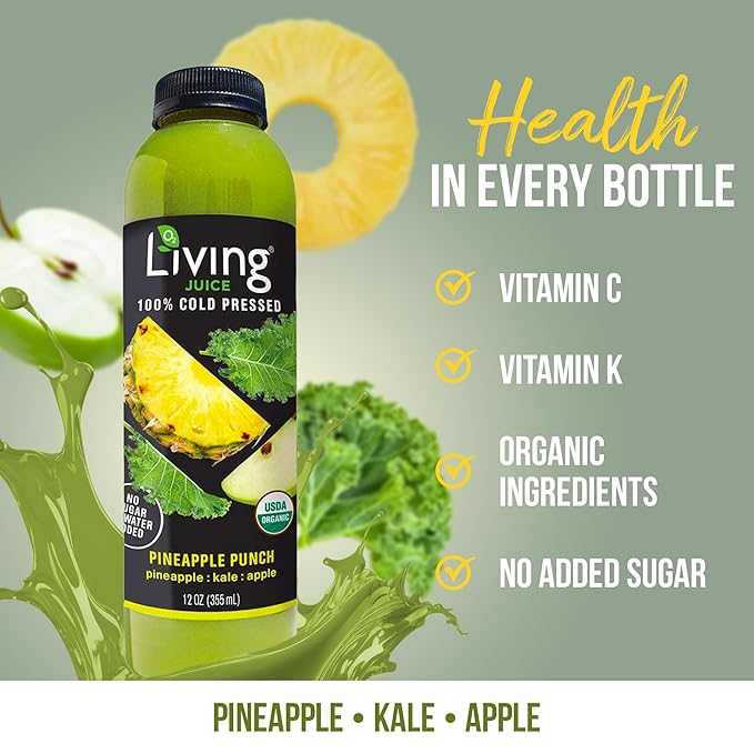 O2 Living Juice Cold Pressed Drink - Pineapple Punch Organic Juice Pack - No Added Sugars or Water Naturally Sweetened from Fruits Rich in Nutrients &amp Vitamins - Non-GMO - 12 fl oz - 12 Pack